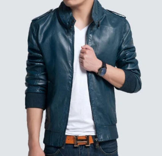 Blue Vegan Leather Men's Jacket