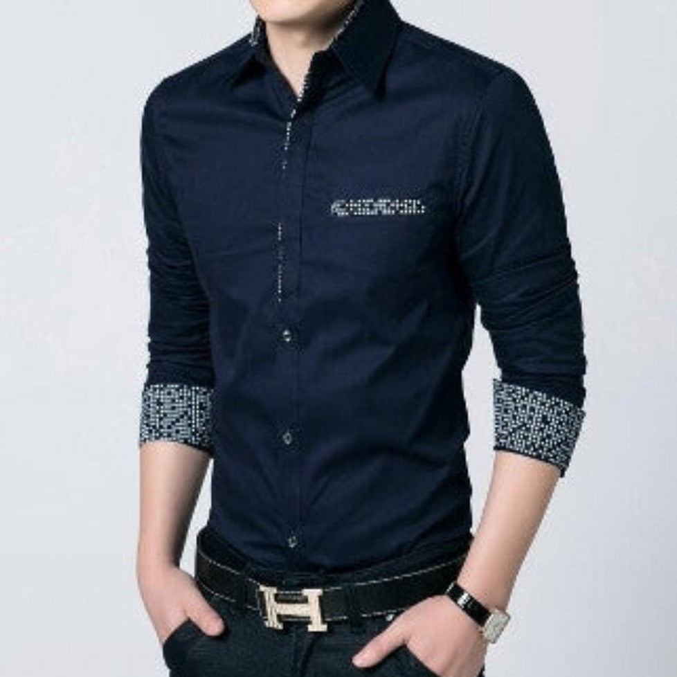 Men's Button-Up Shirt with Unique Pocket and Sleeve Accents