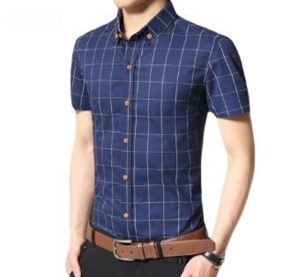 Navy Checkered Short Sleeve Button-Up Shirt for Men