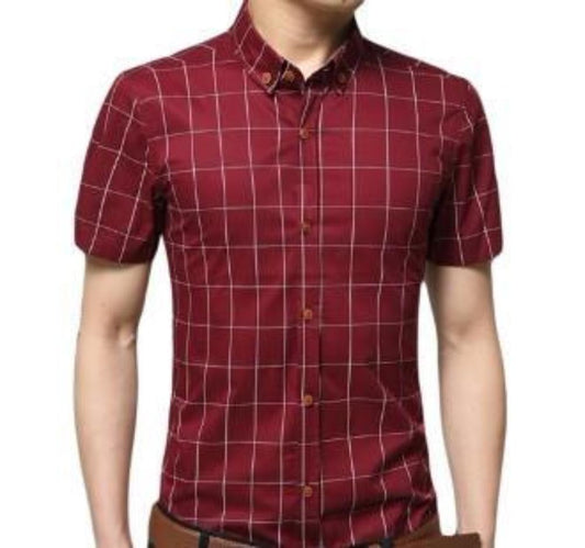 Checkered Red Mens Short Sleeve Button-Up Shirt