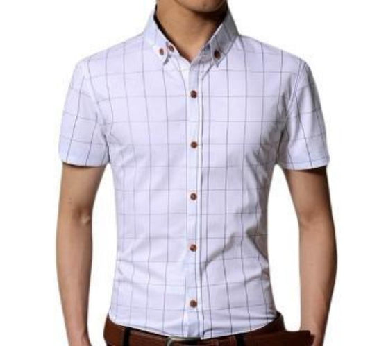 White Checkered Button-Up Shirt for Men with Short Sleeves