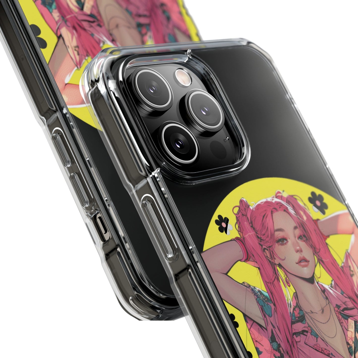 Magnetic Clear Case for iPhone with a Pink-Haired Anime Girl Design