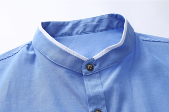 Light Blue Men's Shirt with Stand Collar and Pocket Accents
