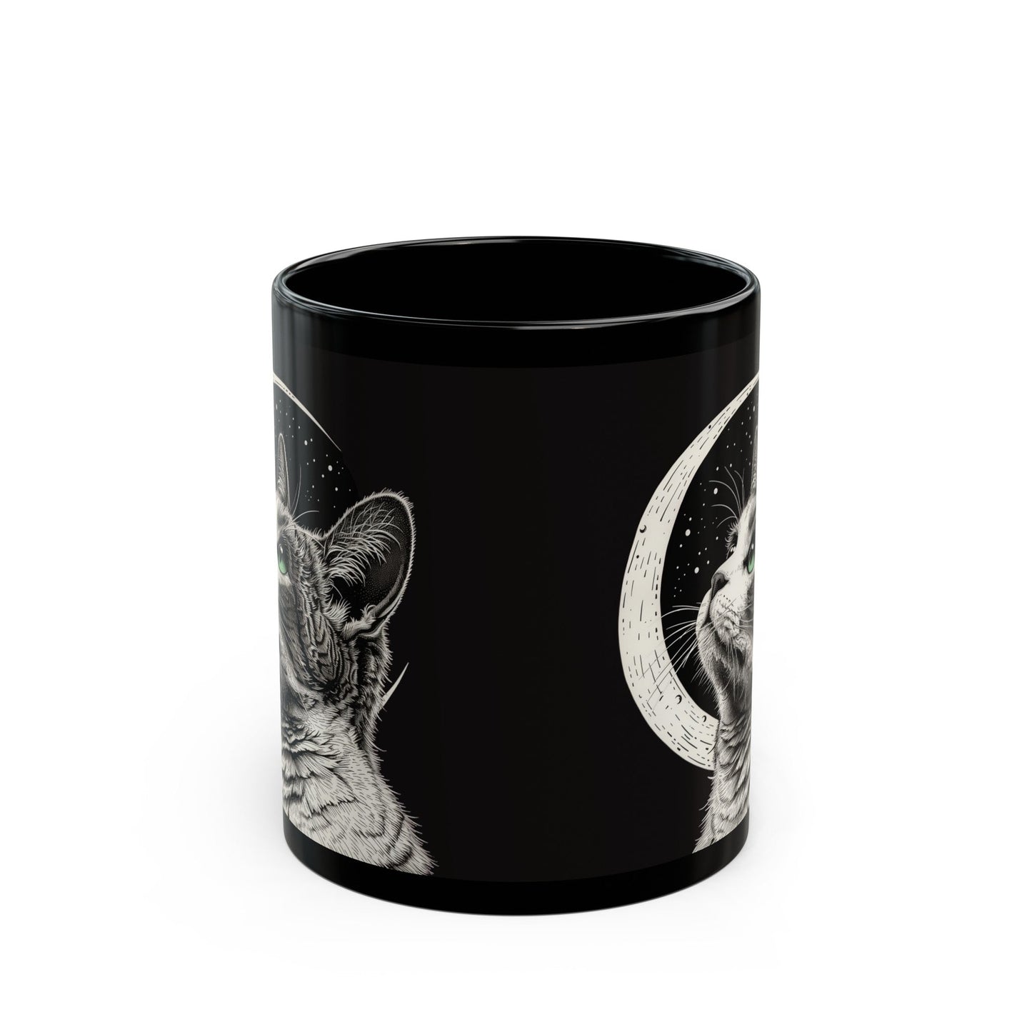Black Ceramic Mug with Crescent Moon and Cat Design for Coffee and Tea