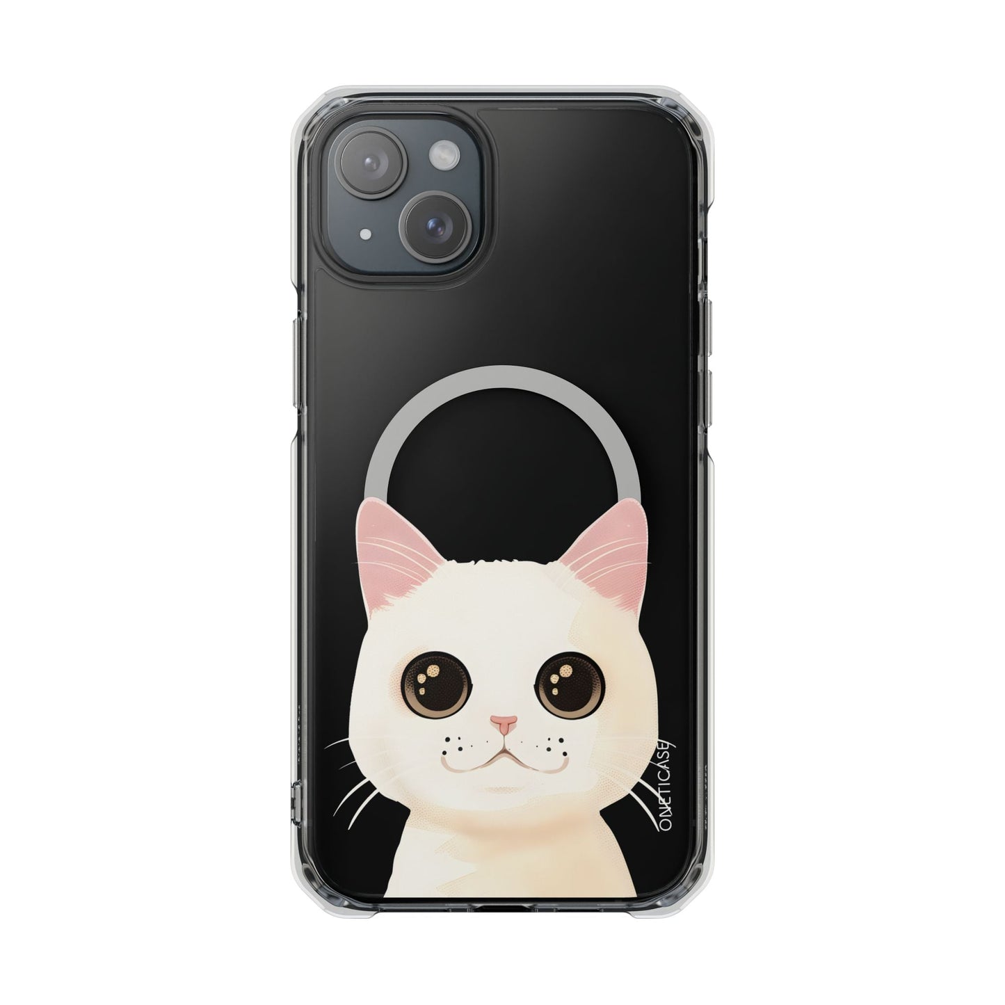 Magnetic Clear Case for iPhone Series with a White Cat Design