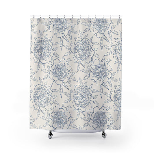 Floral Shower Curtain with Blue Outlines