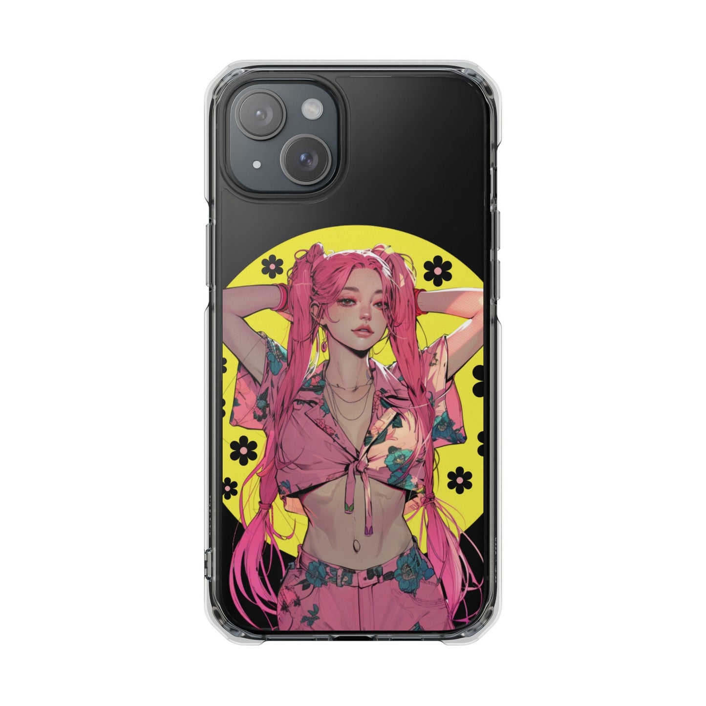 Magnetic Clear Case for iPhone with a Pink-Haired Anime Girl Design