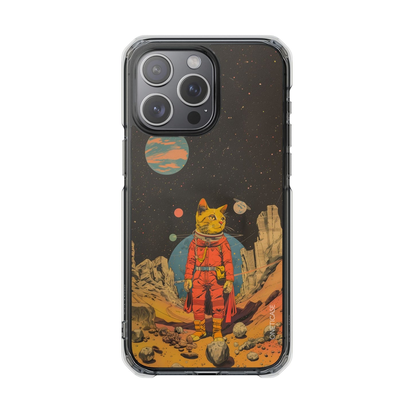 Clear Magnetic Case for iPhone Series with Vintage Feline Astronaut Design
