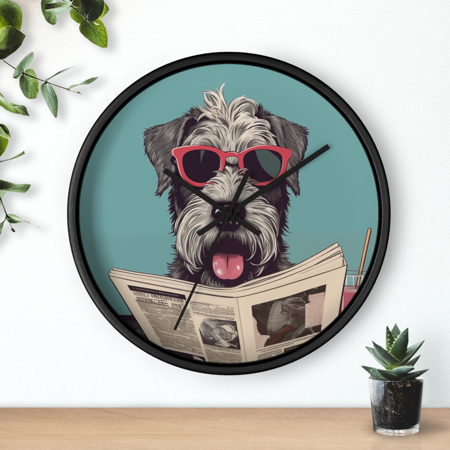 Reading Schnauzer Wall Clock - Stay punctual and add a touch of canine charm to your home or office with this unique wall clock featuring a Schnauzer catching up on the latest news.