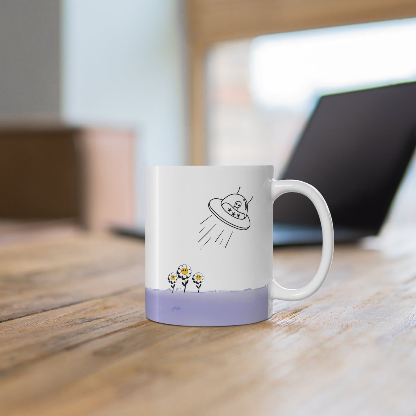 Mug Featuring Sunflowers Being Abducted by a UFO