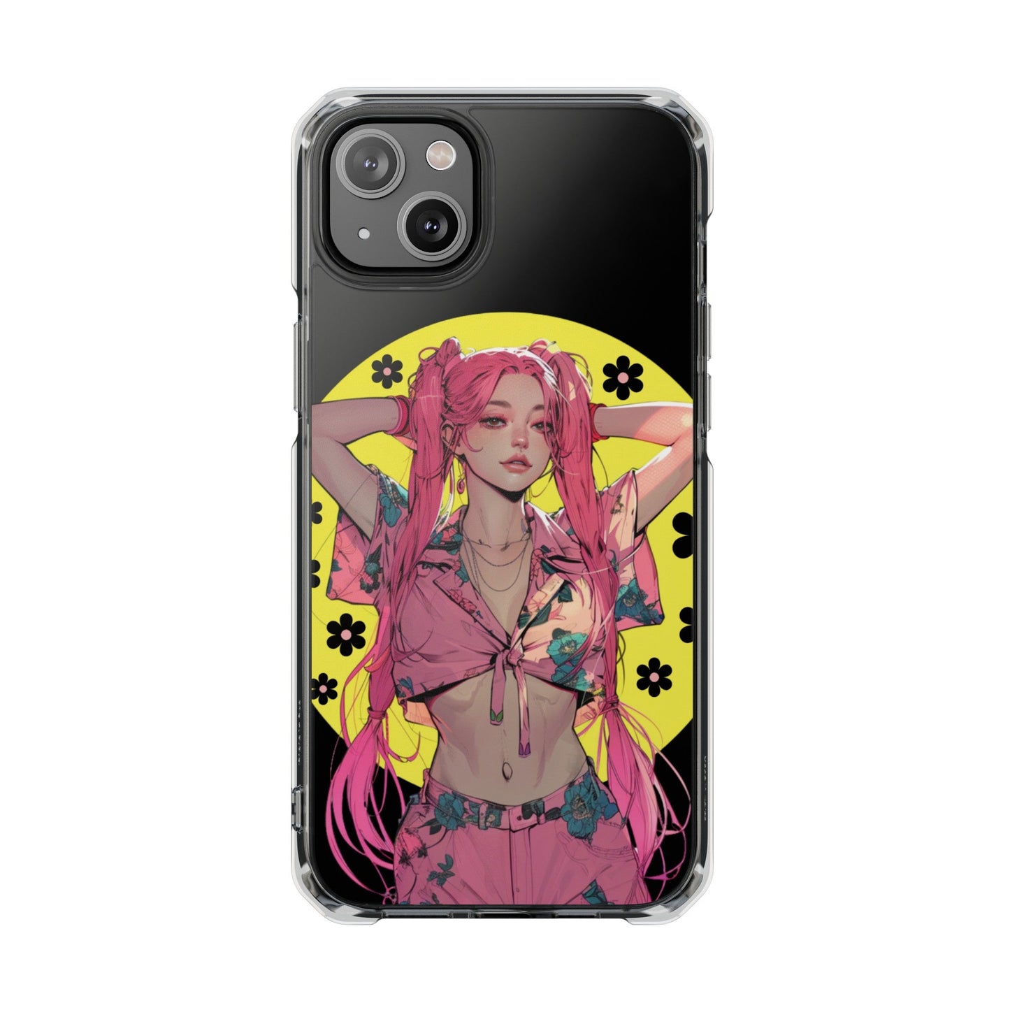 Magnetic Clear Case for iPhone with a Pink-Haired Anime Girl Design