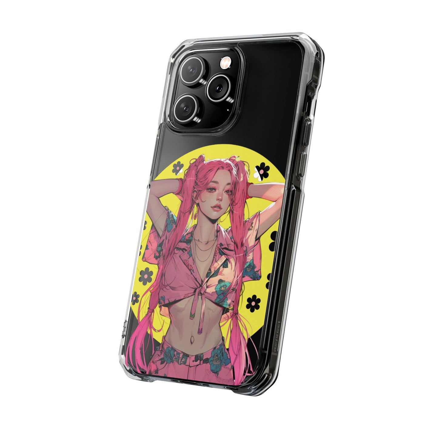 Magnetic Clear Case for iPhone with a Pink-Haired Anime Girl Design