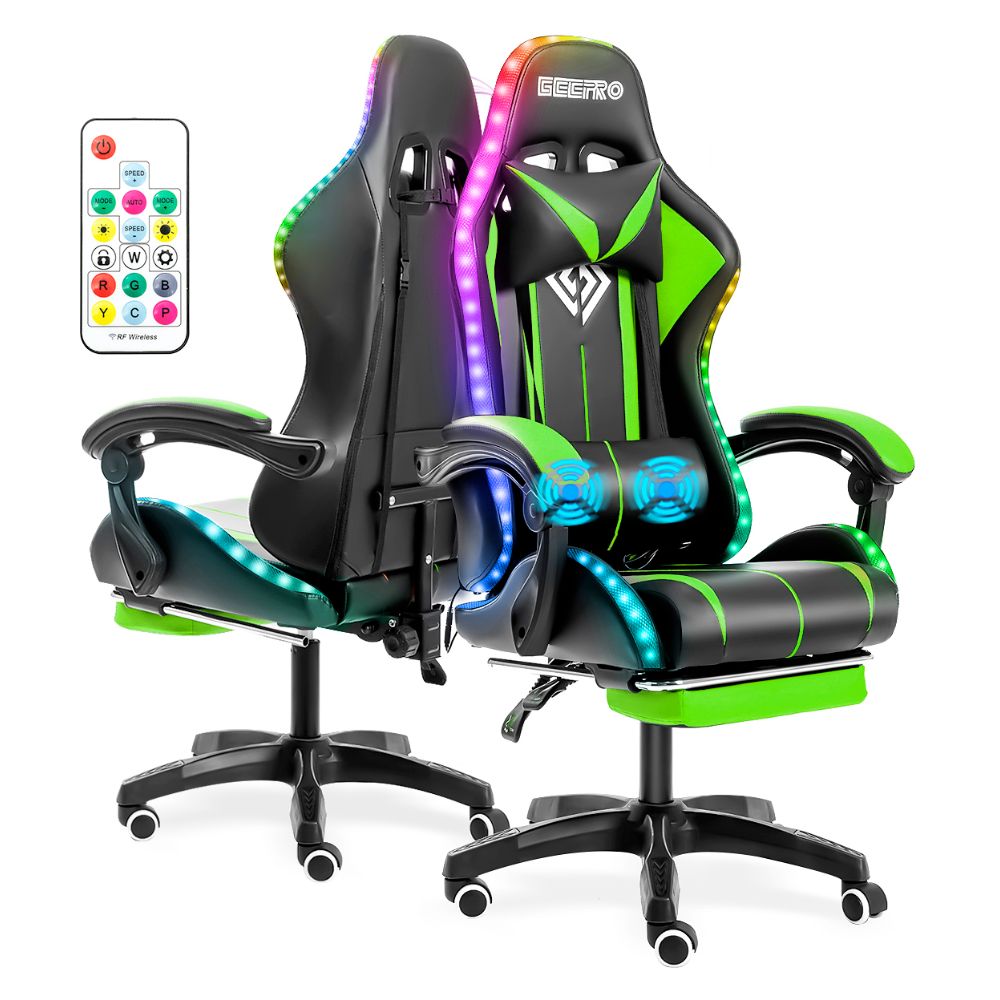 LED Gaming Chair with Built-In Footrest and Massaging Function