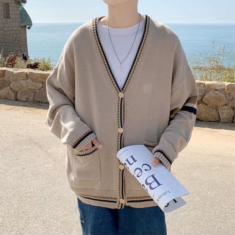 Men's Cardigan with Front Pockets - V Neck Design