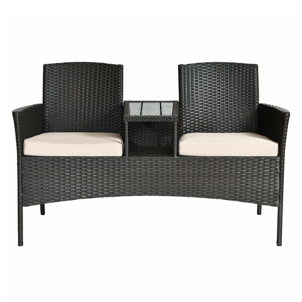 Outdoor Rattan Patio Love Seat with Side Table