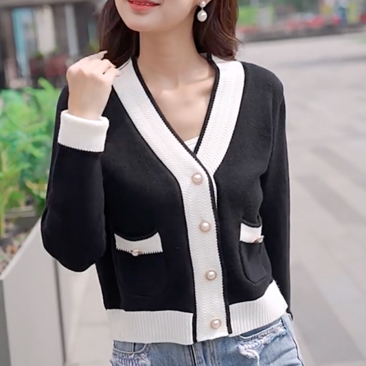 Women's V-Neck Contrast Sleeve Cardigan