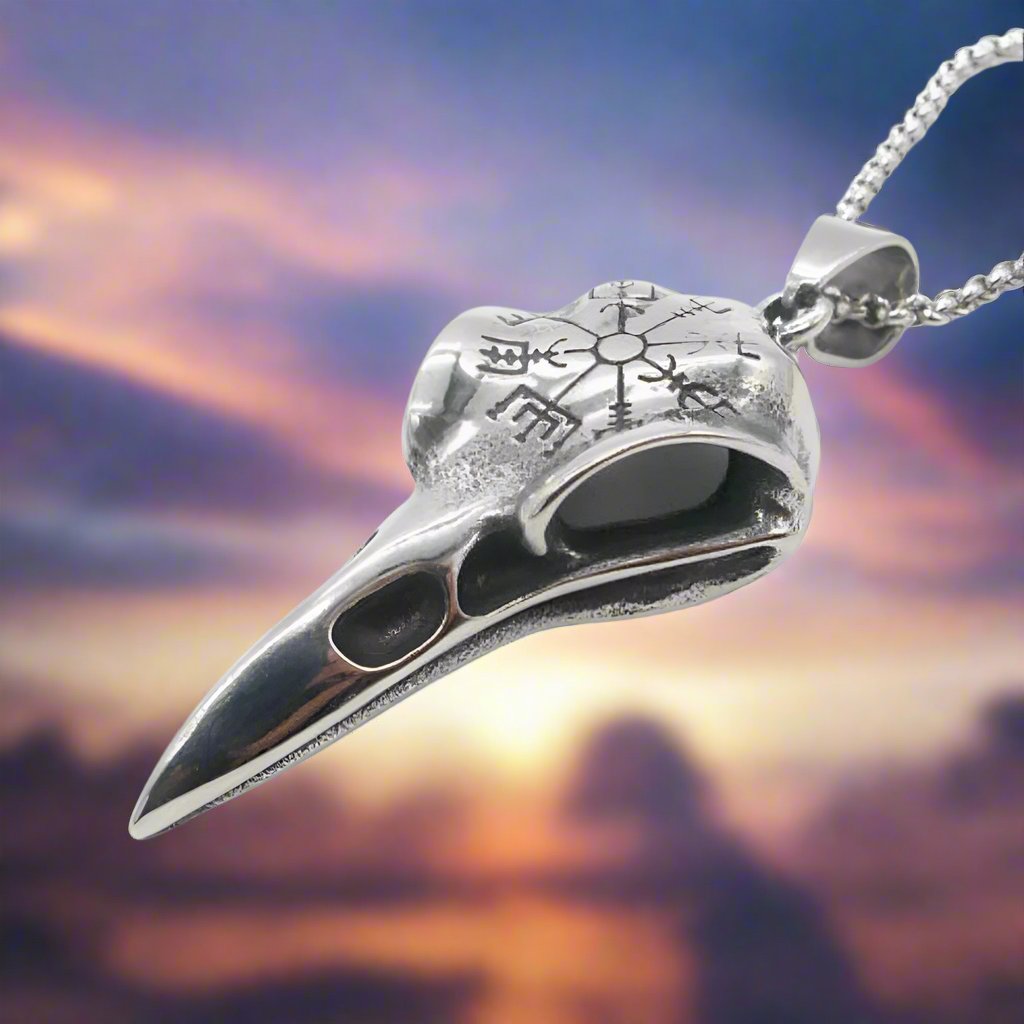 Necklace with Pendant Shaped like a Crow Skull in the Style of Vikings
