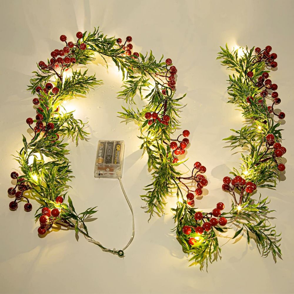 Lighted Festive Red Berry Garland Decoration for the Holidays