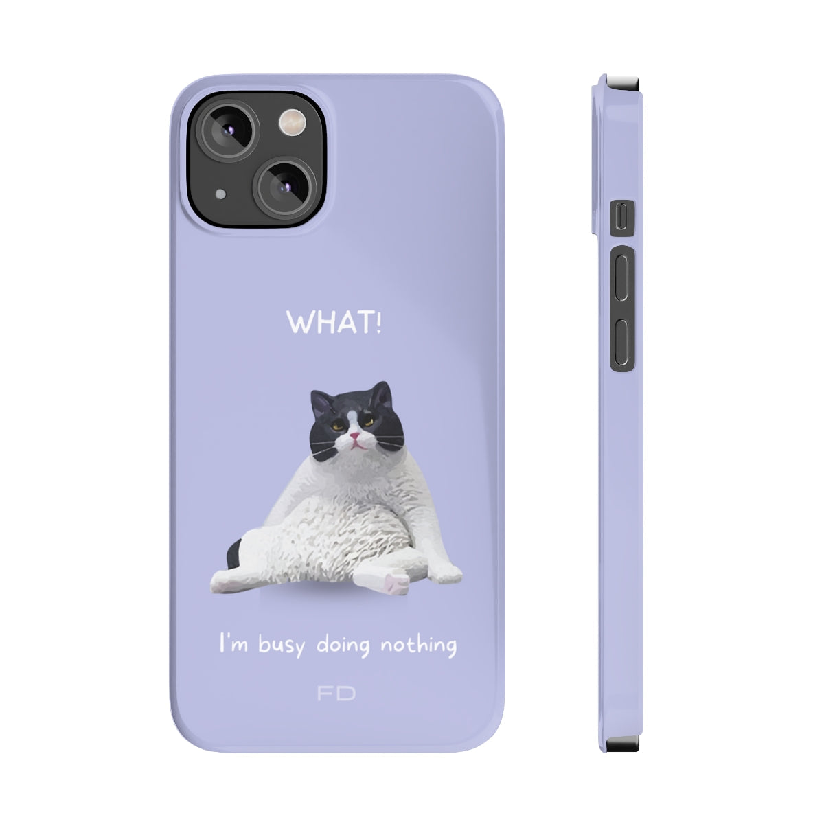 Humorous Feline Design Lavender Sleek Case for iPhone 14, 14 PRO, and 14 PRO MAX