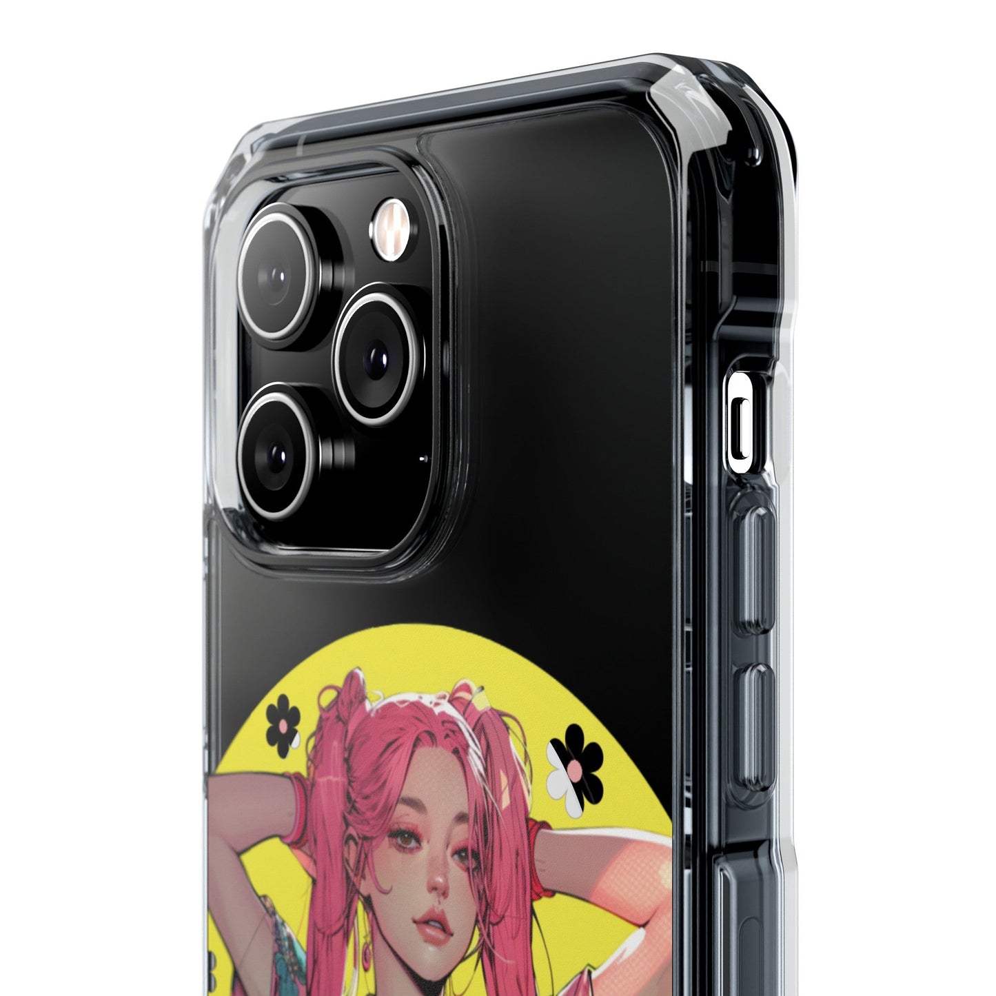 Magnetic Clear Case for iPhone with a Pink-Haired Anime Girl Design