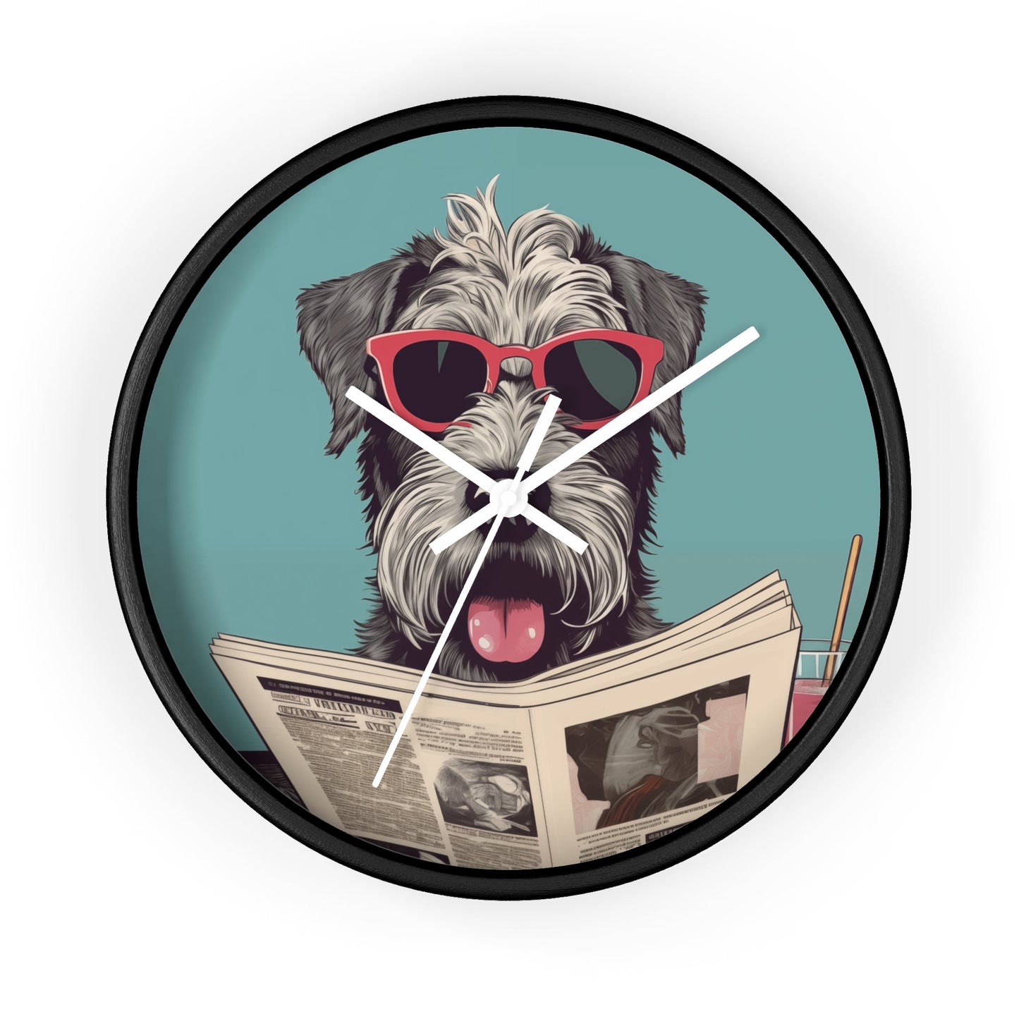 Reading Schnauzer Wall Clock - Stay punctual and add a touch of canine charm to your home or office with this unique wall clock featuring a Schnauzer catching up on the latest news.