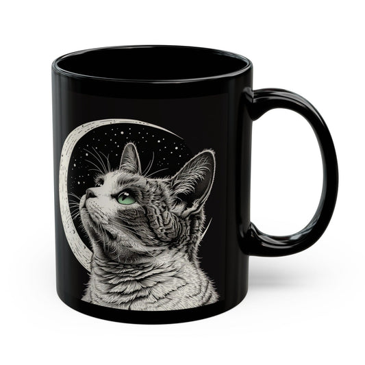 Black Ceramic Mug with Crescent Moon and Cat Design for Coffee and Tea