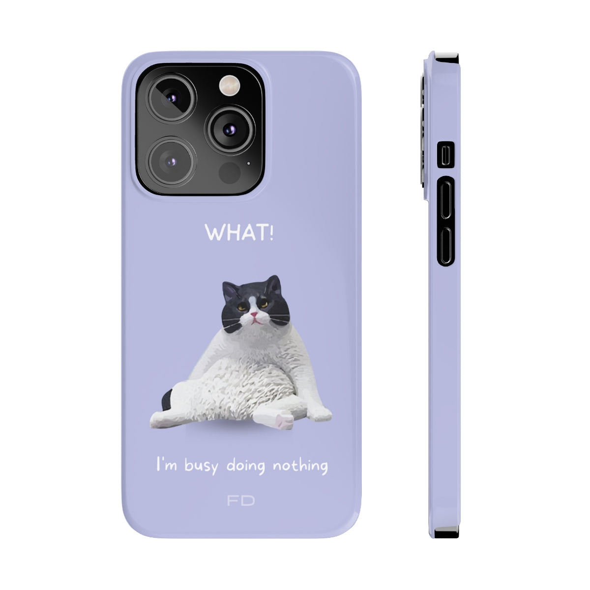 Humorous Feline Design Lavender Sleek Case for iPhone 14, 14 PRO, and 14 PRO MAX