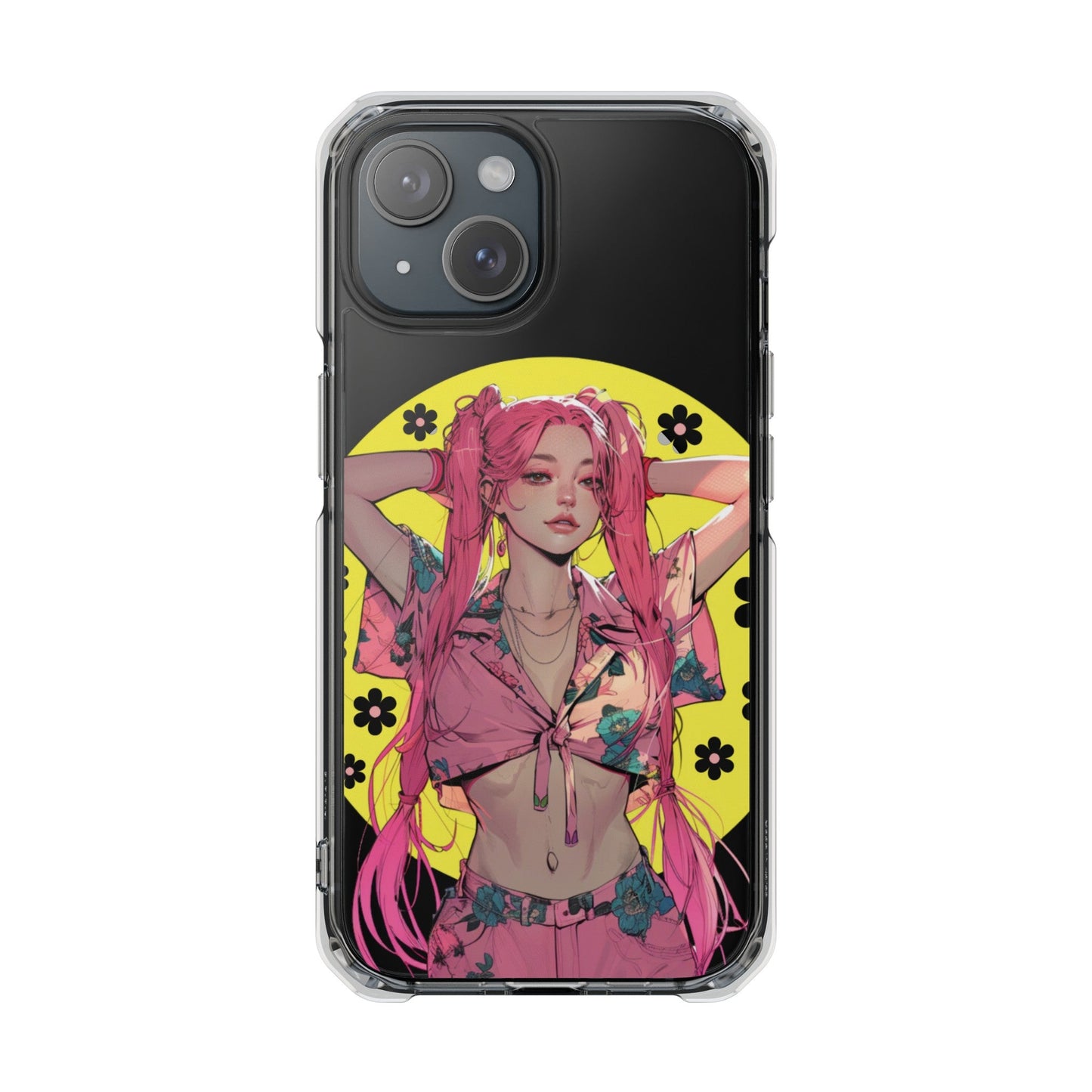 Magnetic Clear Case for iPhone with a Pink-Haired Anime Girl Design