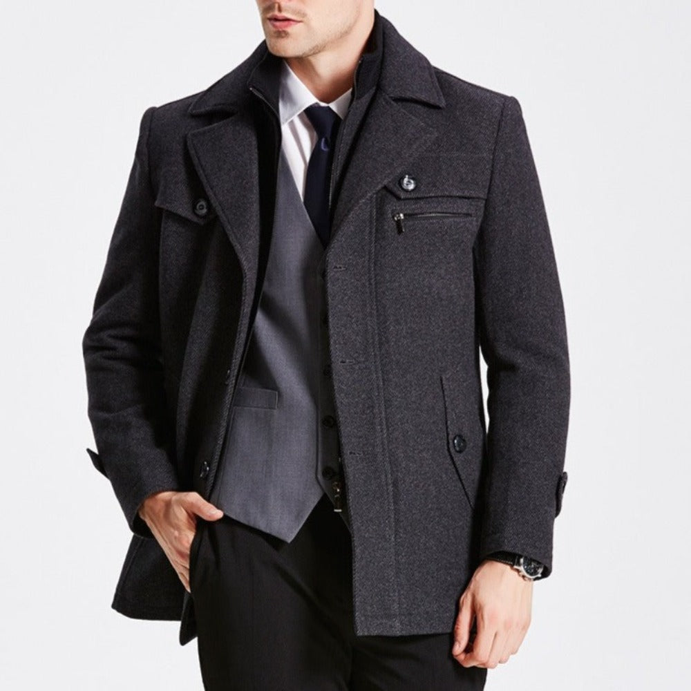 Military Style Men's Coat with Layered Collar and Button Front