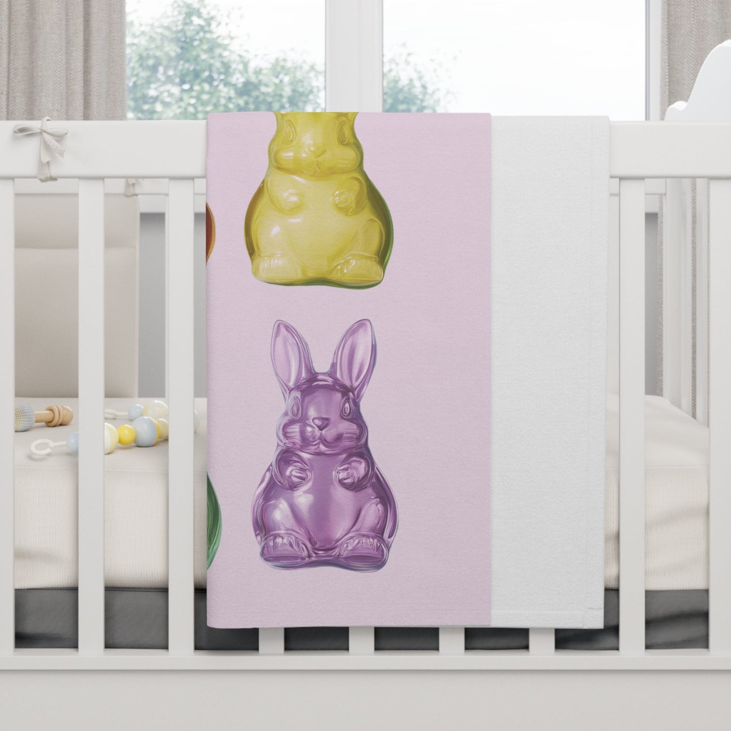 Soft Pink Fleece Baby Blanket with Bunny-Shaped Gummies