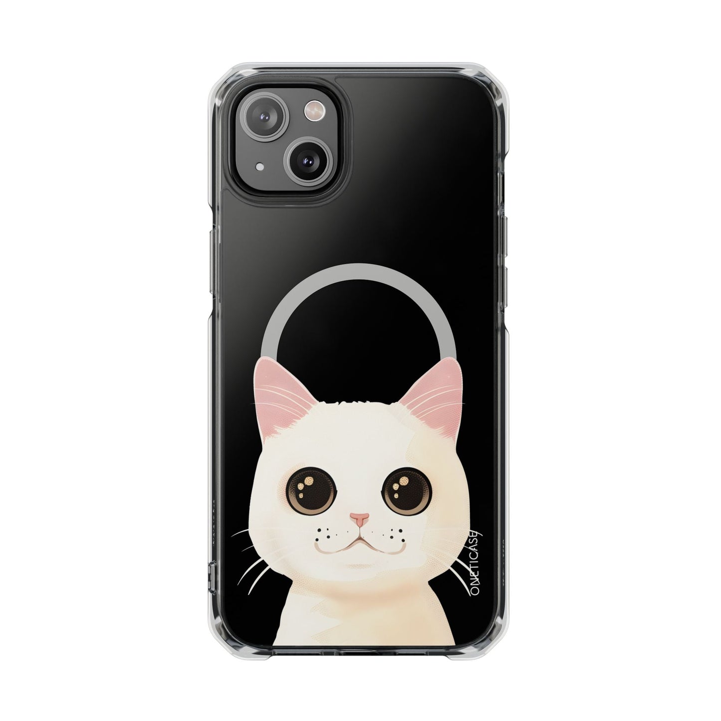 Magnetic Clear Case for iPhone Series with a White Cat Design