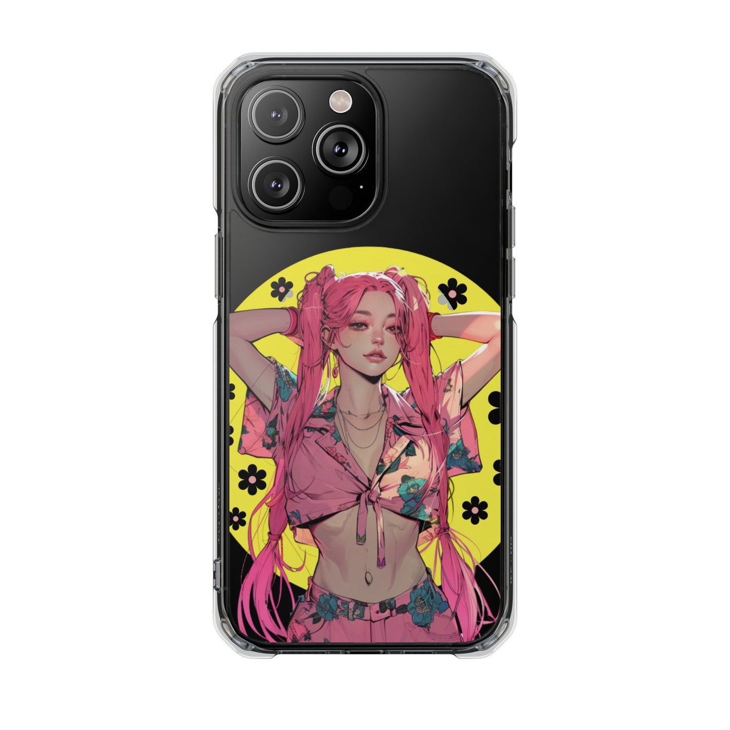 Magnetic Clear Case for iPhone with a Pink-Haired Anime Girl Design
