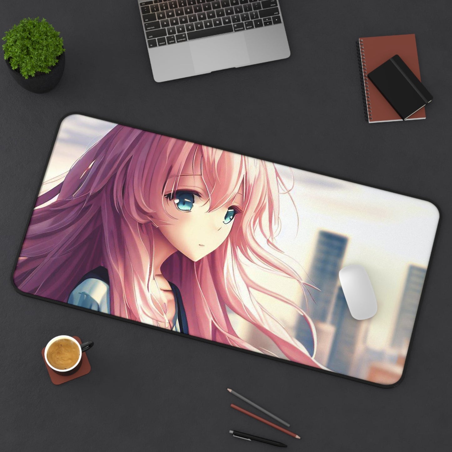 Large Pink Mouse Pad featuring an Anime Girl with Colorful Hair