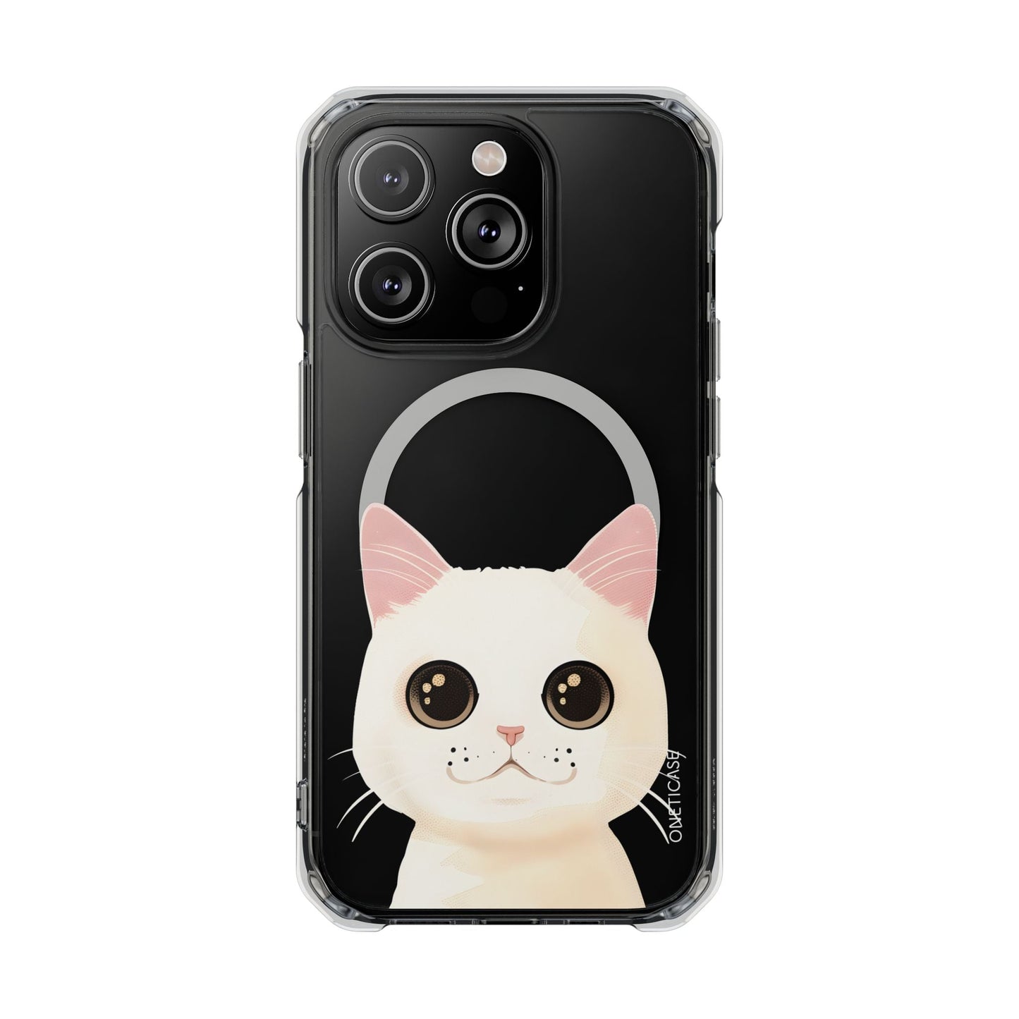 Magnetic Clear Case for iPhone Series with a White Cat Design