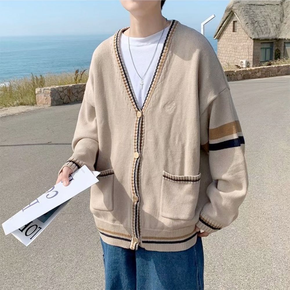Men's Cardigan with Front Pockets - V Neck Design