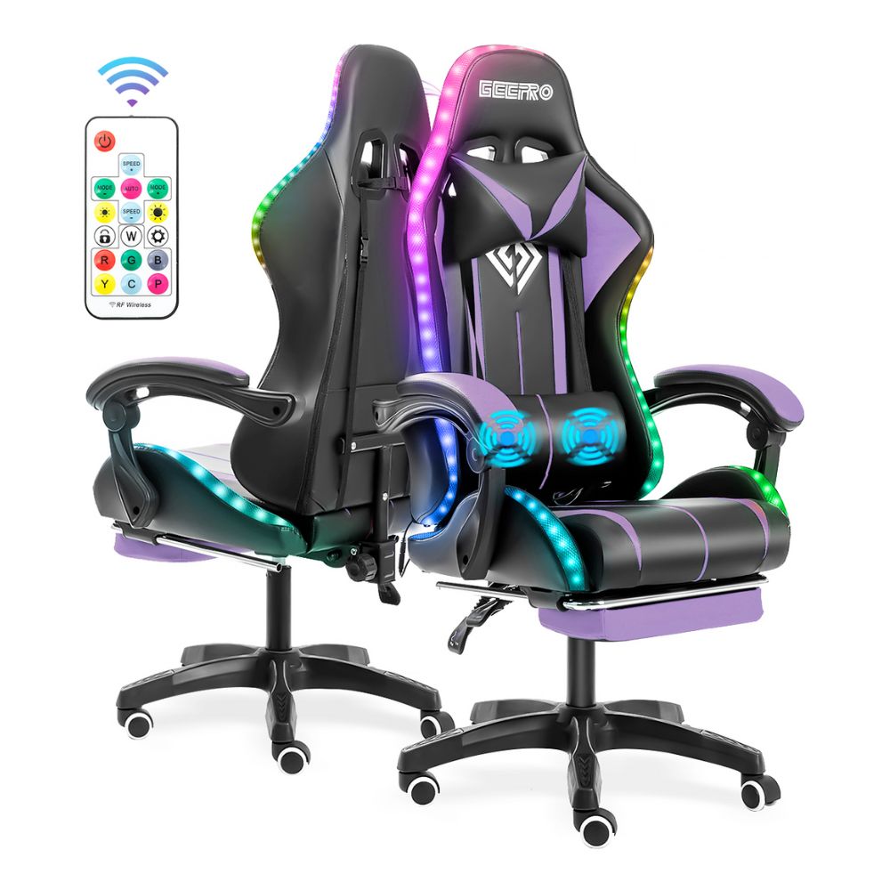 LED Gaming Chair with Built-In Footrest and Massaging Function