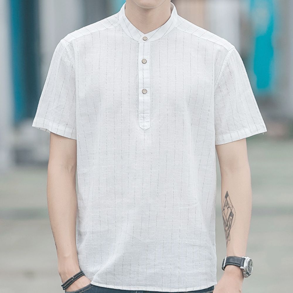 Short Sleeve Linen Striped Shirt for Men