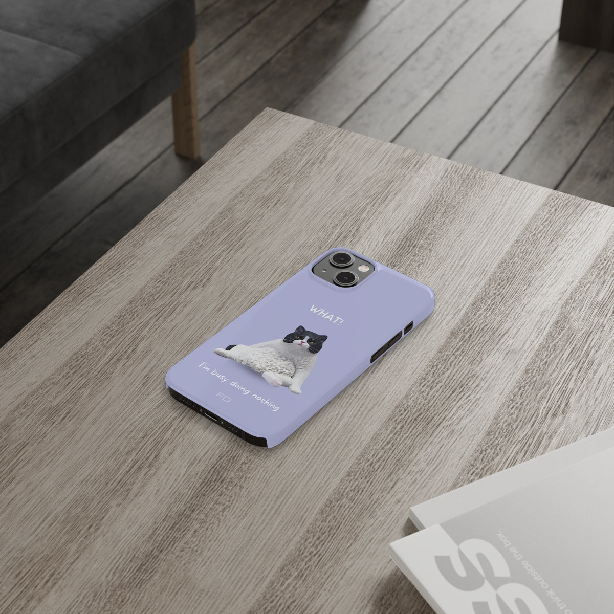 Humorous Feline Design Lavender Sleek Case for iPhone 14, 14 PRO, and 14 PRO MAX