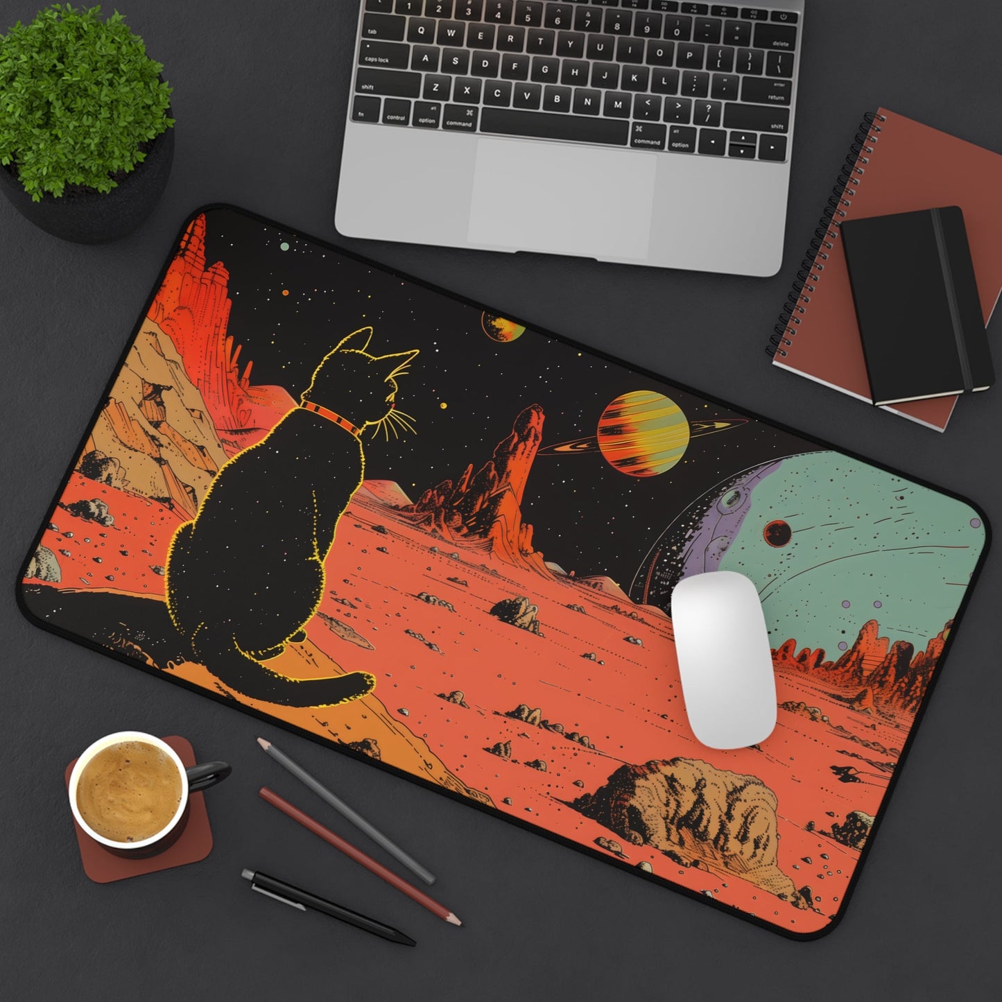 Large Mouse Pad with Retro Galaxy Cat Design - Available in 2 Sizes