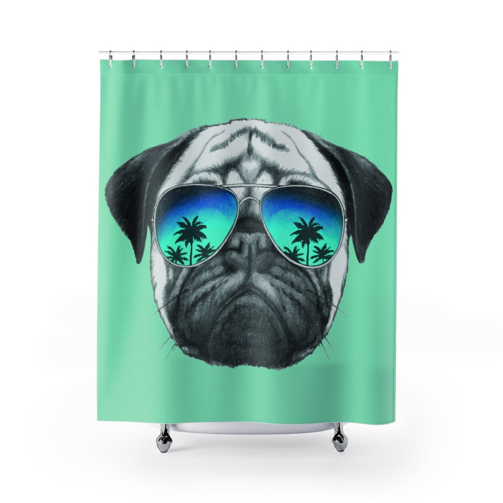 Green Shower Curtains with Pug Wearing Shades