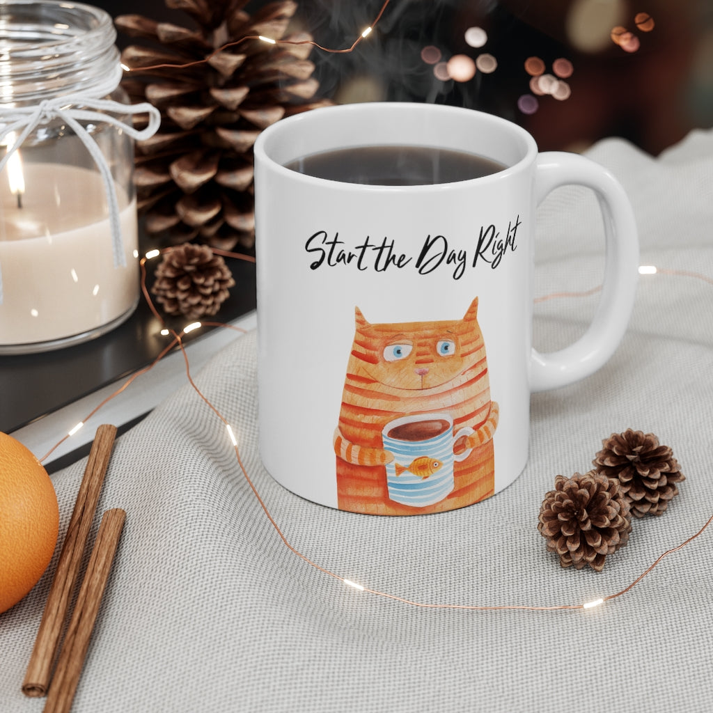 Start Your Day Off Right with the Cat Holding Goldfish Coffee Tea Mug