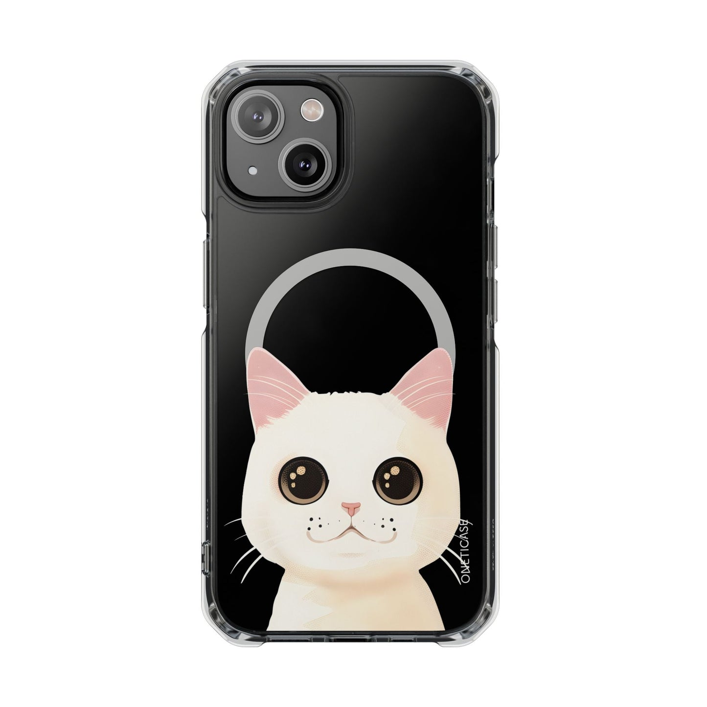 Magnetic Clear Case for iPhone Series with a White Cat Design