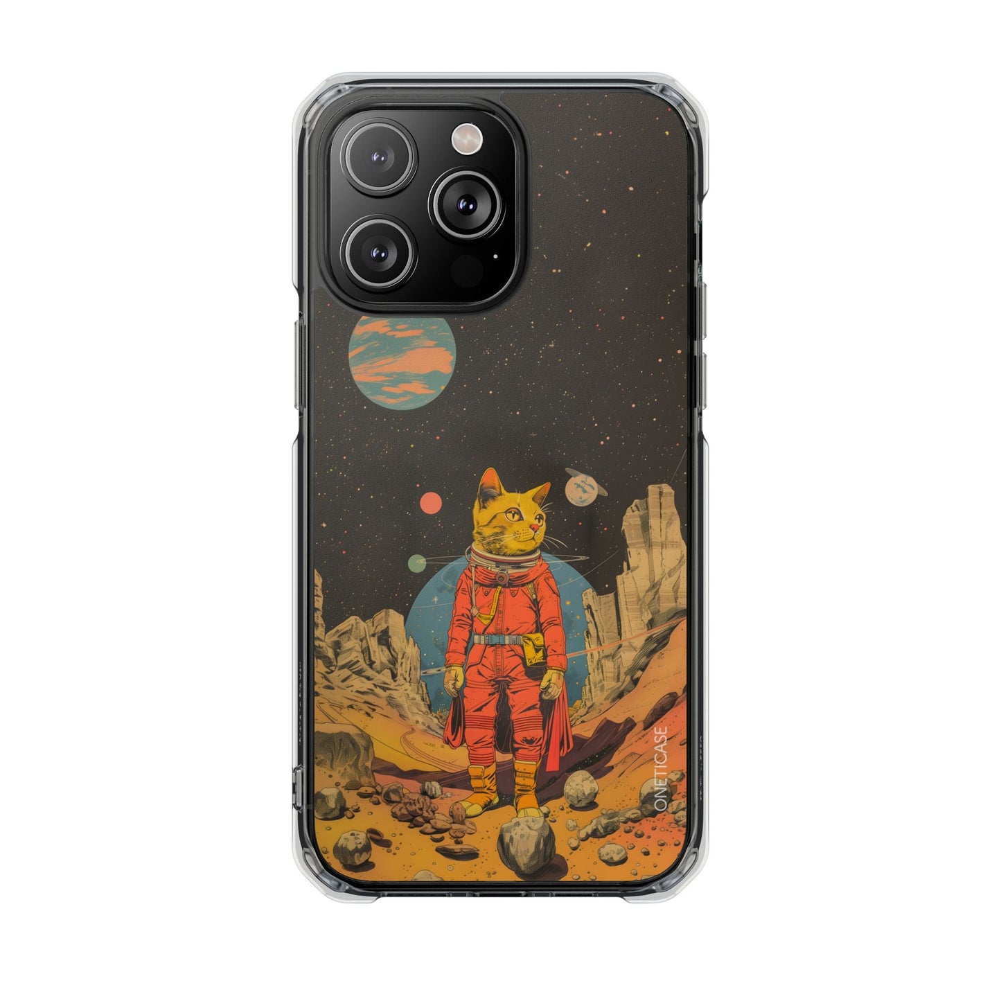Clear Magnetic Case for iPhone Series with Vintage Feline Astronaut Design