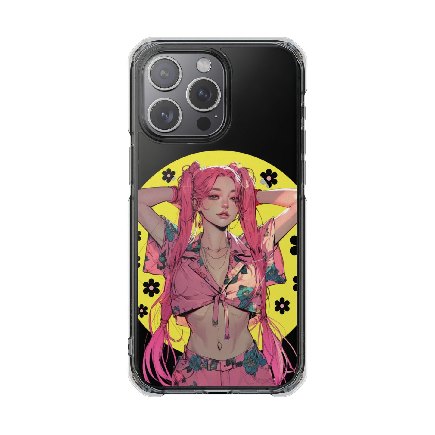 Magnetic Clear Case for iPhone with a Pink-Haired Anime Girl Design