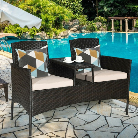 Outdoor Rattan Patio Love Seat with Side Table