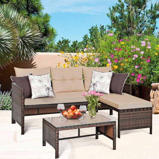 Wicker Outdoor Sofa Set with Coffee Table and Footrest for Three People