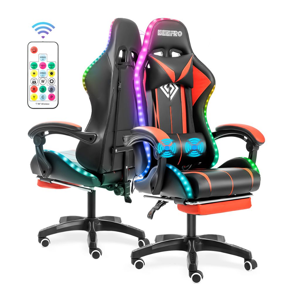 LED Gaming Chair with Built-In Footrest and Massaging Function