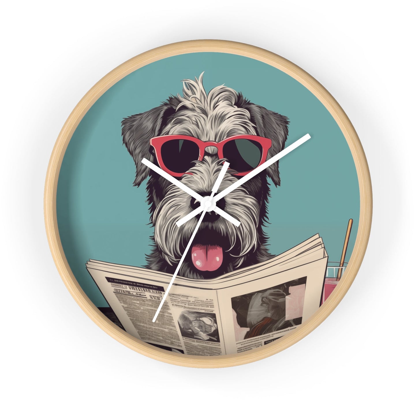 Reading Schnauzer Wall Clock - Stay punctual and add a touch of canine charm to your home or office with this unique wall clock featuring a Schnauzer catching up on the latest news.