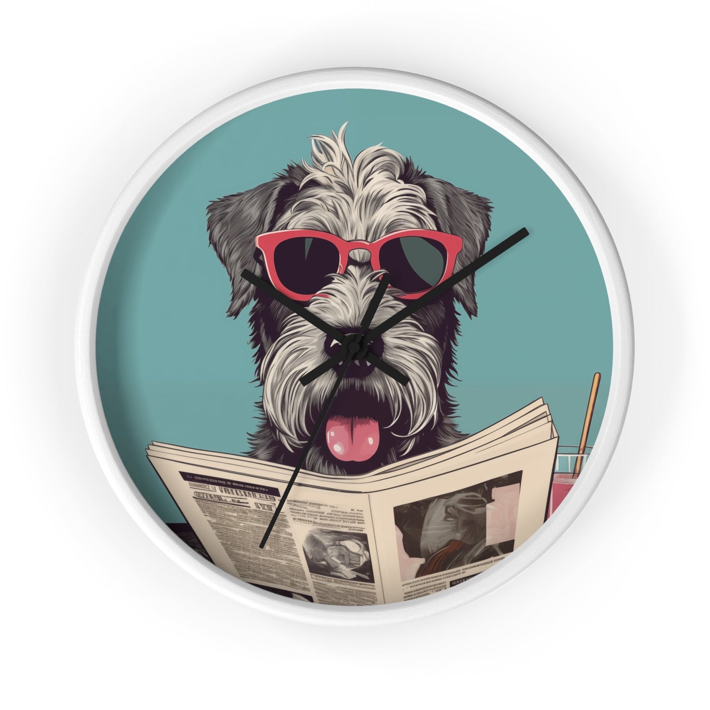 Reading Schnauzer Wall Clock - Stay punctual and add a touch of canine charm to your home or office with this unique wall clock featuring a Schnauzer catching up on the latest news.