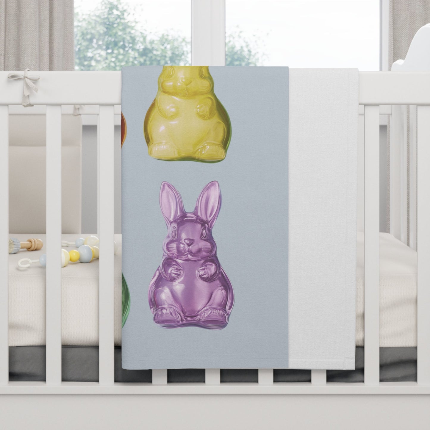 Gray Soft Fleece Baby Blanket with Gummy Rabbit Design